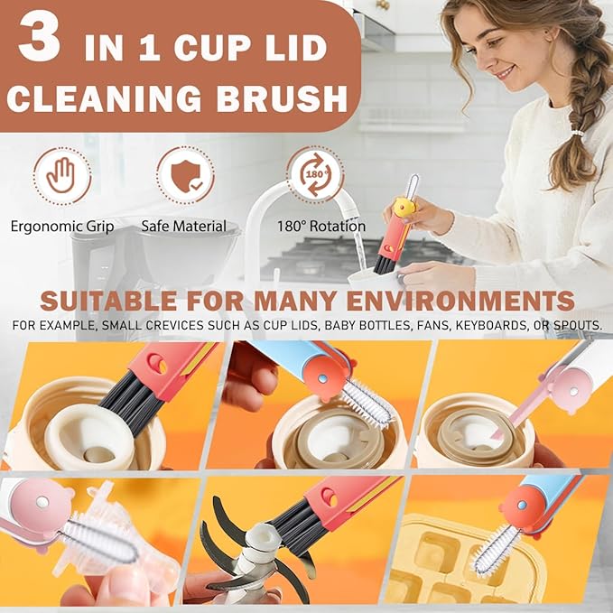 3 in 1 Cup Lid Cleaning Brush, Multifunctional Crevice & Gap Cleaner for Water Bottles, Insulated Cups and Tumblers, Deep Cleaning Tool for Home & Kitchen, Portable Travel Lid Cleaner Set (4 PCS)