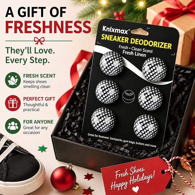 Knixmax Sneaker Deodorizer Shoe Freshener Balls, Odor Eaters for Shoes Boots Mules, Smell Eliminator Ball for Gym Gear Bags and Lockers, Fresh Linen Scent, Pack of 6, Black White