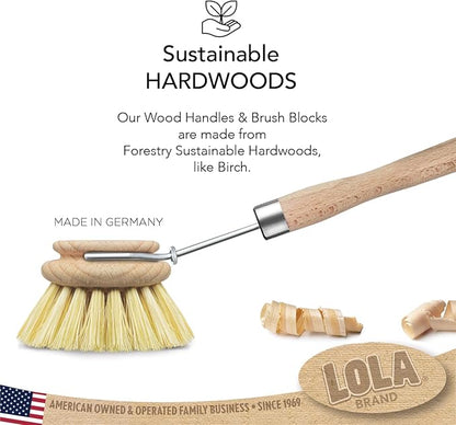LOLA Dishwashing & Vegetable Brush The Original, 3" Head, Sustainable Wood Handle w/Tampico Fiber Bristles, Safe for Non-Stick Pans, Dishes, Cast Iron Skillet - Easy Head Only Replacement, 1 Pk