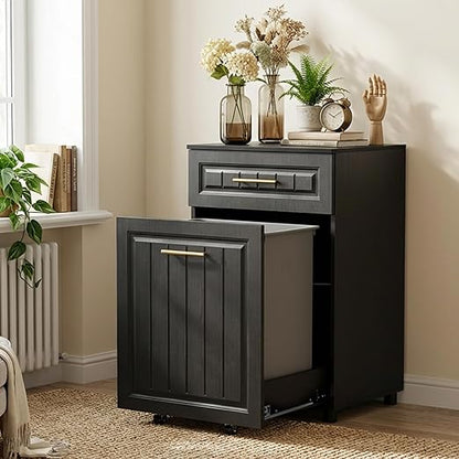 ZIFTY Pull Out Trash Can Cabinet for Double 7 Gallon or 13 Gallon Bin, Freestanding Kitchen Trash Bin Cabinet with Drawer, Pet Proof Hidden Garbage & Recycling Storage for Laundry & Living Room, Black