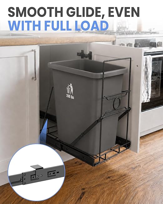 Stainless Steel Slide-Out Trash Bin Rack, Enhanced Heavy-Duty Cabinet Pull-Out System for 7–11 Gallon Cans, Black (Bin Not Included)