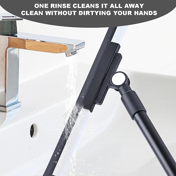 Floor Squeegee Broom - 52" Long Handle Rubber Scrubber for Bathroom, Tile, Shower, Glass, Pet Hair, Hardwood Floor - Adjustable Long Handle, Water Wiper with Replacement Blade (Black)
