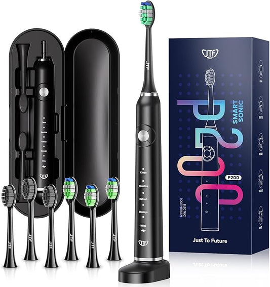 JTF Sonic Electric Toothbrush for Adults: 5 Modes with Smart Timer for Deep Cleaning & Whitening, 2 Brush Head Types for Sensitive Teeth, Gums & Braces, Travel-Friendly Case and Wireless Charging Base
