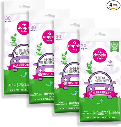 Dapple Baby All Purpose Wipes, Hint of Lavender, Plant Powered, Hypoallergenic, 30 Count (Pack of 4)