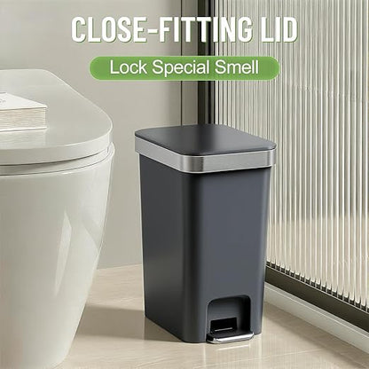 2 Pack Bathroom Garbage Can with Lid, 2.6 Gallon /10 Liter Small Trash Can, Press Top Bin & Step Metal Pedal Trash Bin, Waste Basket for Bedroom, Home Offices, Small Spaces, Dorm (Black Gray)