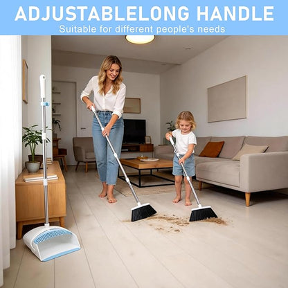 BSKLIN Broom and Dustpan Set, Broom with Dustpan Combo Set with Teeth to Clean Pet Hair 52-in Long Adjustable Handle Broom for Home Office Kitchen Lobby