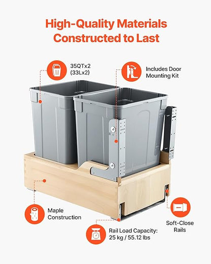 VEVOR Wood Pullout Trash Can for Kitchen Cabinets, 35 QT x2 Double Under Sink Garbage Waste Recycling Bin, Under Mount Waste Container, with Heavy Duty Metal Soft Close Sliding System and Door Kit