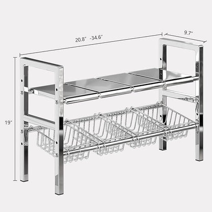 Large Under Sink Organizer 2 Tier Expandable Heavy Stainless Steel Shelf Adjustable Height for Under Kitchen Bathroom Sink Organizers and Storage (Large Size: 4 Panels 4 Storage Baskets)