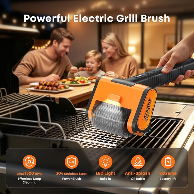Electric Grill Brush, 1500RPM 3 Speeds, Grill Brush for Outdoor Grill with 3 Heads, Cordless Rechargeable BBQ Grate Cleaner with LED Light, Oil Splash Guard Grill Cleaning Brush for Barbecue Grates