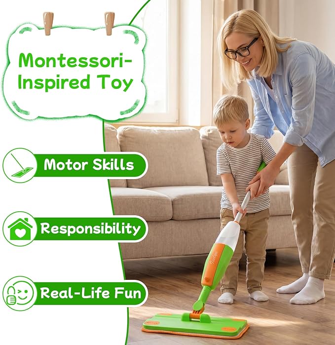 Toddler Spray Mop - Fun & Educational Montessori Housekeeping Toys Mini Size Cleaning Set Includes Kids Mop with Real Water Sprayer Washable Microfiber Pads & Scraper