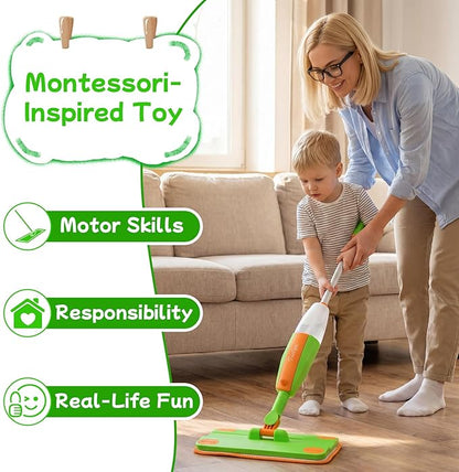 Toddler Spray Mop - Fun & Educational Montessori Housekeeping Toys Mini Size Cleaning Set Includes Kids Mop with Real Water Sprayer Washable Microfiber Pads & Scraper