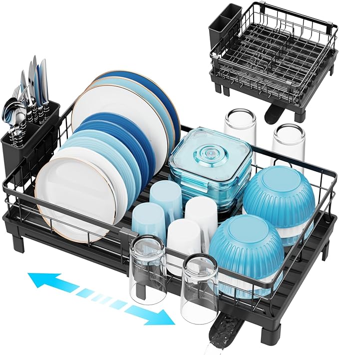 GSlife Expandable Dish Drying Rack for Kitchen Counter, 12-20.5 Inch Compact Dish Rack with Drainboard, Swivel Spout, Cup & Utensil Holder, Rust-Resistant Dish Drainer for Small Kitchen, RV, Black