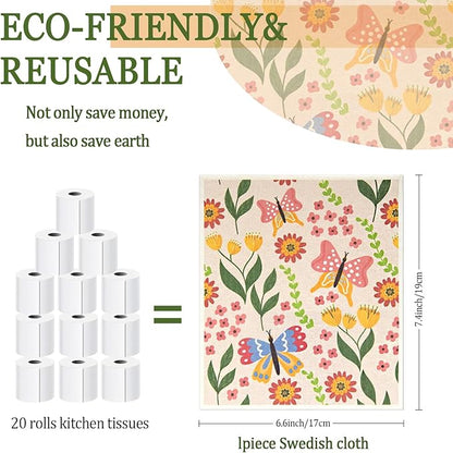 6 - Pack Swedish Kitchen Dish Cloths - Reusable Paper Towels for Counters & Dishes - Eco Friendly Cellulose Sponge Cloth (Broken Flowers)