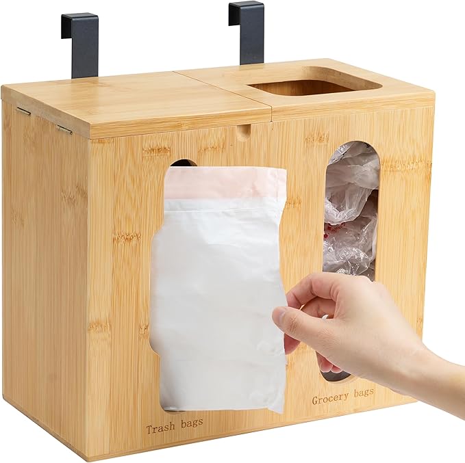 Trash Bag Dispenser & Grocery Bag Organizer, 2 in 1 Bamboo Garbage Bags Storage Box for Cabinet Door or Wall Mount
