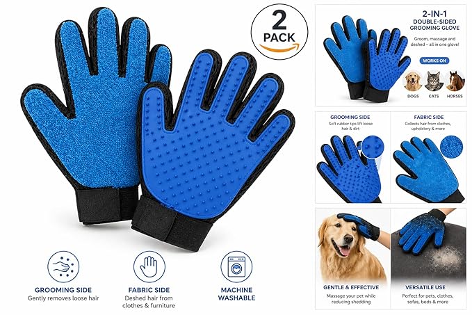 2-in-1 Pet Grooming Gloves 2-Pack – Double-Sided Deshedding & Pet Hair Remover for Dogs & Cats – Gentle Massage Glove for Shedding Fur – Lint Remover for Furniture & Clothing
