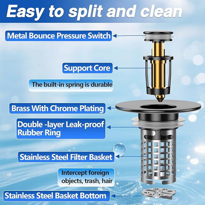 Bathroom Sink Drain Strainer, Pop-up Sink Drain Strainer with Removable Stainless Steel Strainer Basket Hair Catcher, Bathroom Sink Strainer for Bathroom Sink Stopper Replacement