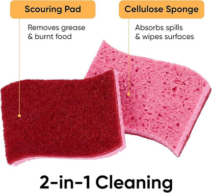Superio Non-Scratch Cellulose Sponge Kitchen Scrub Sponges with Scouring Pad Set, Good for Non-Stick Cookware Frying Pan, Pot, Counter Top, Sink Scrubbing, Kitchen Scrubbers, Pack of 3, RedPink