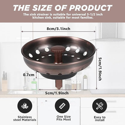 Retisee 2 Pcs Kitchen Sink Stopper Strainer Stainless Steel Drain Strainers for Universal 3-1/2 Inch Kitchen Sink Drain Replacement(Antique Copper)