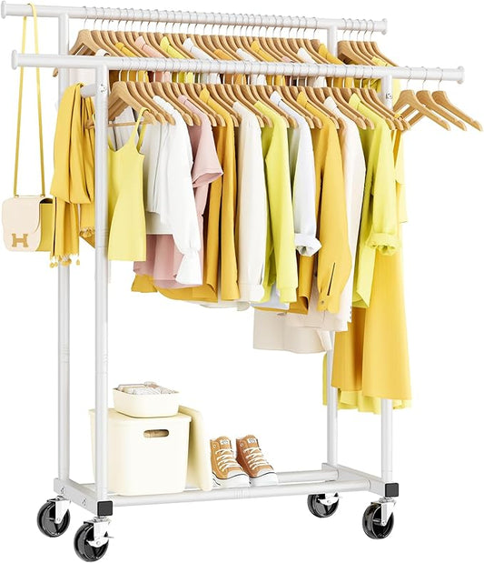 HYSEYY Double Rods Clothes Rack, Rolling Clothing Rack for Hanging Clothes Portable Wardrobe Rack, Metal Garment Rack Sturdy Coat Rack for Bedroom Laundry Living Room, White