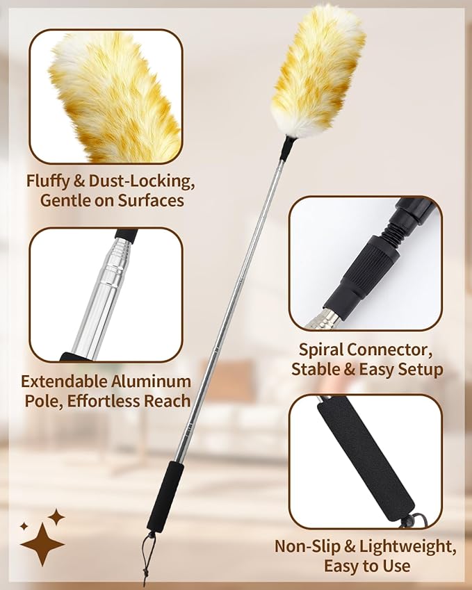 Extendable Wool Duster, 18-48 Inch Long Handle Duster with Natural Fluffy Wool Head, Dusters for Cleaning Ceiling Fans, Blinds, High Ceilings, Furniture, Washable & Reusable