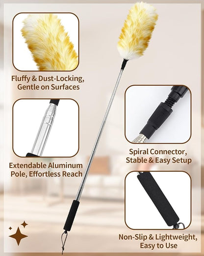 Extendable Wool Duster, 18-48 Inch Long Handle Duster with Natural Fluffy Wool Head, Dusters for Cleaning Ceiling Fans, Blinds, High Ceilings, Furniture, Washable & Reusable