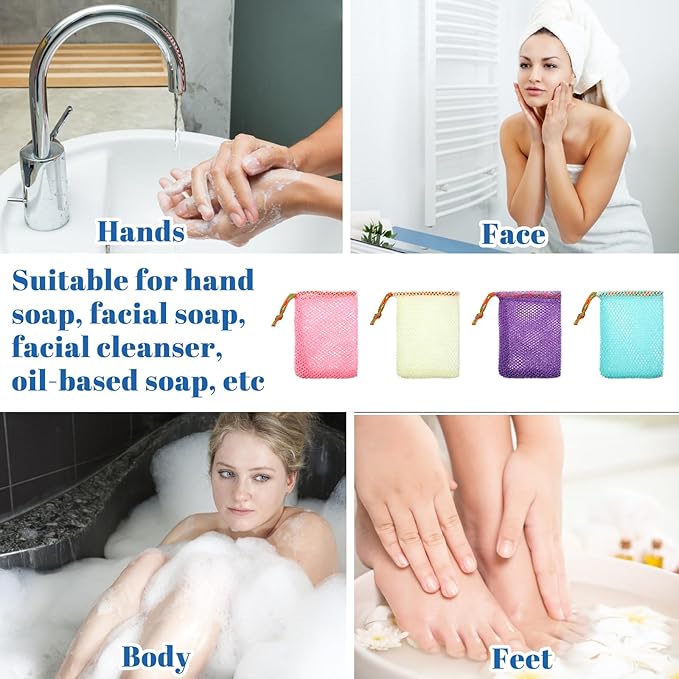 4 Pcs Mesh Bar Soap Pouch, 3.5 x 5.5 Inch Soap Saver Bags with Drawstring Portable Exfoliating Soaps Holder Net for Foaming and Drying Bath Shower (4 Colors)