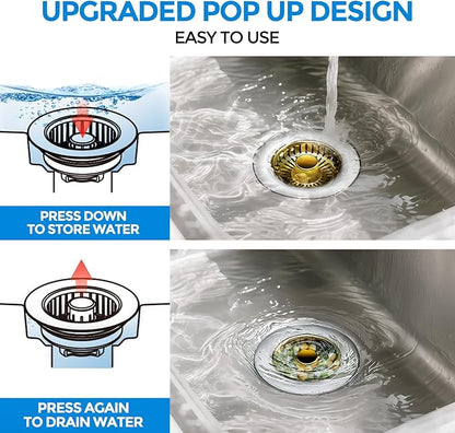 zaa Kitchen Sink Drain Strainer - Kitchen Sink Stopper, 304 Stainless Steel Sink Drain Stopper, Sink Protector for Kitchen with Anti-Clog Filter, Fit US Standard 3-1/2'' Sink Drain Hole, Gold