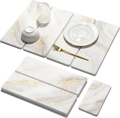 Large Stone Dish Drying Mat for Kitchen Counter, 2 PCS Quick Dry Stone Mats, Foldable Water Absorbing Diatomaceous Earth Drying Dishes Pad for Countertop Bottle Utensil Cup(Yellow White 24"x16"&8"x4")