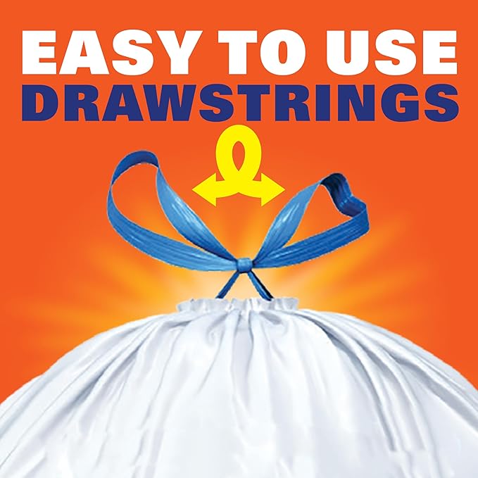Hefty Strong White 13 Gallon Trash Bags with Drawstrings, Unscented Tall Kitchen Trash Bags, Resists Leaks, Punctures, and Tears, Durable Closure, 120 Ct.