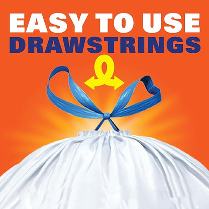 Hefty Strong White 13 Gallon Trash Bags with Drawstrings, Unscented Tall Kitchen Trash Bags, Resists Leaks, Punctures, and Tears, Durable Closure, 120 Ct.