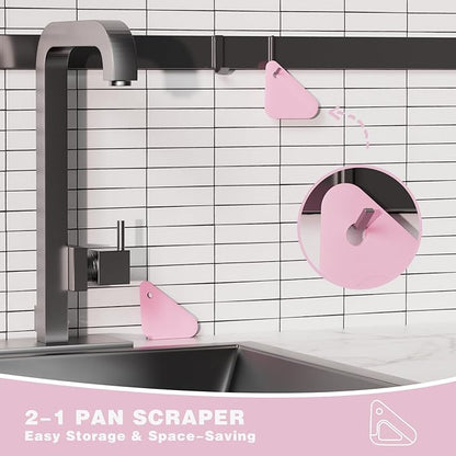Food Scraper, 2-in-1 Pot and Pan Dish Scraper, Nylon and Silicone, Kitchen Scraper Tools for Cast Iron Skillets, Cookware, Dishes, Pans and Pots, Heat Resistant, Set of 3 - Pink