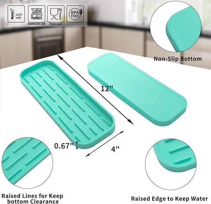MicoYang Silicone Kitchen Sink Organizer Tray for Multiple Usage,Eco-Friendly Sponges Holder for Kitchen Bathroom Counter or Sink,Dish Soap Dispenser,Scrubber,Bottle,Cup (Mint, 12"×4")