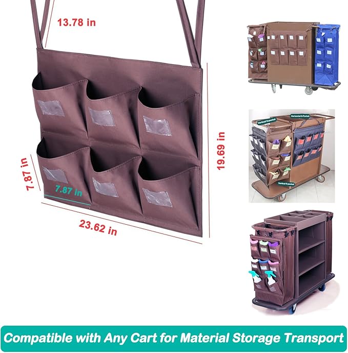 Replacement Janitorial Cart Bag, High Capacity Waterproof Thickened Housekeeping Commercial Janitorial Cleaning Cart Bag with 6 Brass Grommets - 25 Gallon (Horizontal 6-Pocket - Brown)