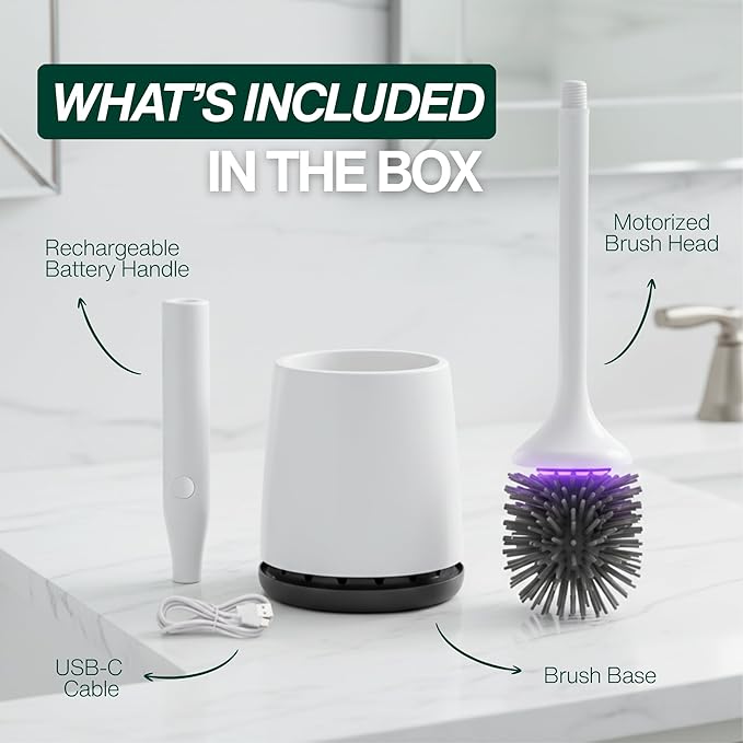 Electric Toilet Brush, Electric Toilet Brush Scrubber, Self Cleaning Toilet Brush, Automatic Brush, Power Toilet Bowl Brush, Rechargeable - Kit Includes Base, Charger, Brush & Wall Mount (4)