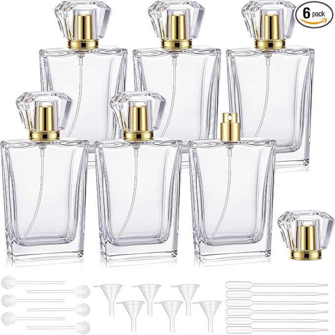 Teenyyou 6 Pack 100ml/3.4oz Refillable Glass Perfume Spray Bottles, Vintage Atomizer with Refill Tool, Empty Antique Perfume Bottles for Travel, Home Decor(Luxury Gold)