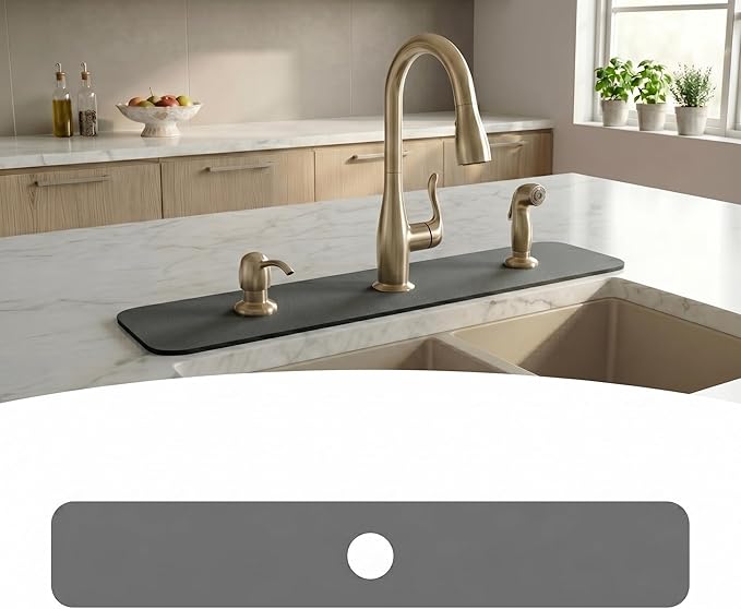 33" Lx5.5 W Long Kitchen Sink Faucet Mat: Customizable Grey Splash Guard with Pre-Cut Center Hole for Large Double Bowl Sink, DIY to Fit Irregular Sink 2, 3, 4 Holes with Soap Dispenser & Air Gap
