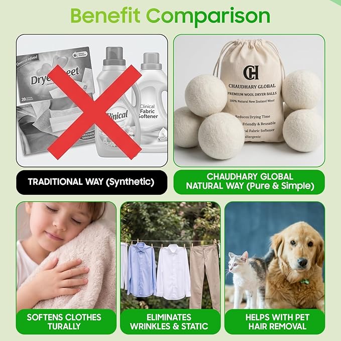 Wool Dryer Balls XL 6-Pack - 100% Organic New Zealand Wool, Reusable Natural Fabric Softener for Laundry, Reduce Drying Time & Static, Eco-Friendly Dryer Balls for Pet Hair Removal