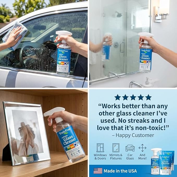 Truly Free Natural Glass Cleaner Kit - Removes Dirt & Debris for Sparkling Clean Windows & Glass Surfaces at Home, Office & Garage, Includes 16 oz Reusable Empty Bottle + Two Fills, 3 oz ea.