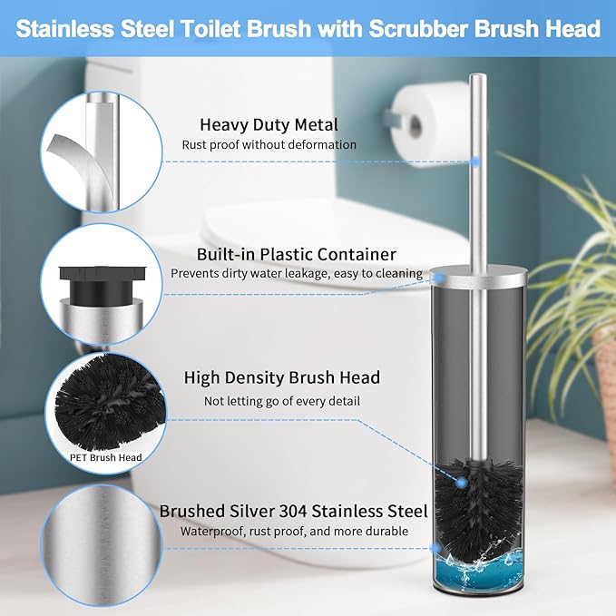 Stainless Steel Toilet Brush and Holder Set Brushed Silver Heavy Duty Toilet Bowl Brush with Long Handle for Bathroom and Farmhouse (Silver-2)
