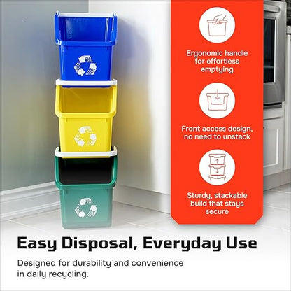 Multi Bin Recycling System with Three Stackable 6 Gallon Recycle Bins for Kitchen Use – Recycling Trash Can Set for Office, Garage, Businesses (3 Pack, Blue/Yellow/Green)
