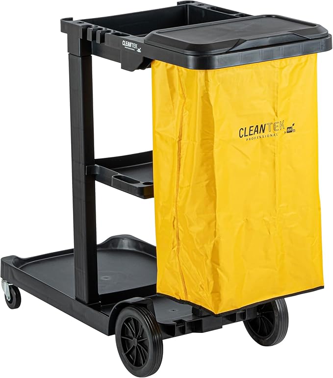 Restaurantware-Clean Tek Professional Janitor Cart with Wheels, 1 Cleaning Trolley with Cover and 18 Gallon Bag - 3 Shelves, Heavy-Duty, Black Plastic Commercial Janitorial Cart, for Restaurants