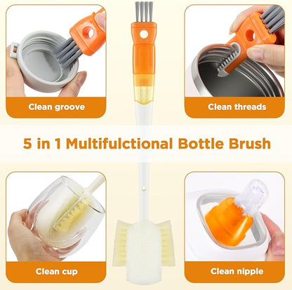 OUTXE 6 Pack Bottle Brush Set, 5-in-1 Water Bottle Cleaner Brush, 14" Long Handle Bottle Cleaning Brush, 3 Straw Brush, Removable Nipple Detail Brush for Cup Lid Gap, with Replecement Sponge