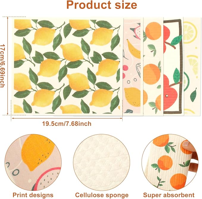 5Pcs Swedish Dishcloths for Kitchen, Quick-Drying Reusable Paper Towels, Absorbent Washable Kitchen Dish Rags, Soft Cellulose Sponge Cloths for Countertop Sink Flower Bird (5pcs Fruits)