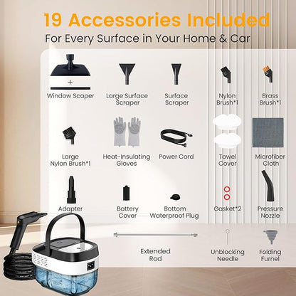 Pressurized Steam Cleaner 1.6L, 3-Level Adjustable Steamer for Cleaning, 10s Heat-Up, 2500W Handheld Steamer Cleaner for Home, Car, Kitchen, Floor, Multi-Surface Cleaning Machine, 19pcs Accessories