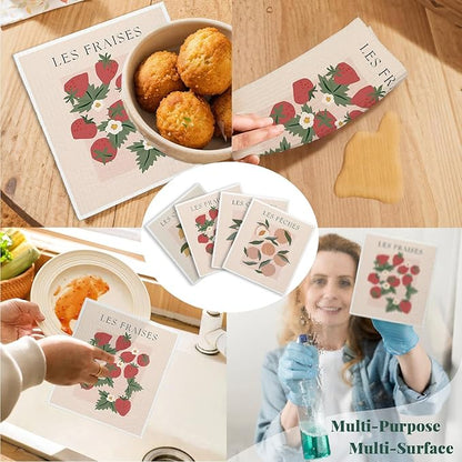 Swedish Dishcloths for Kitchen, Pink Strawberries Peach Citrons Oranges Swedish DishCloths for Friut, 4 Pack Dish Towels for Kitchen, Papaya Reusable Paper Towels Washable