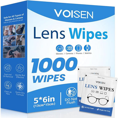 VOISEN Lens Wipes for Eyeglasses,1000 Pack Eye Glasses Cleaner Wipes,Pre-Moistened Individually Wrapped Lens Wipes,Non-Scratching Non-Streaking,Safe for Eyeglasses, Goggles, Camera Lens, Phone