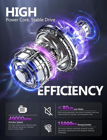 Handheld Vacuum Cordless, 15000PA Powerful Suction Hand Held Car Vacuum Cleaner Rechargeable with Multi-Nozzles & Washable Filters, High Power Lightweight Hand Vacuum for Home, Pet, Car, Office