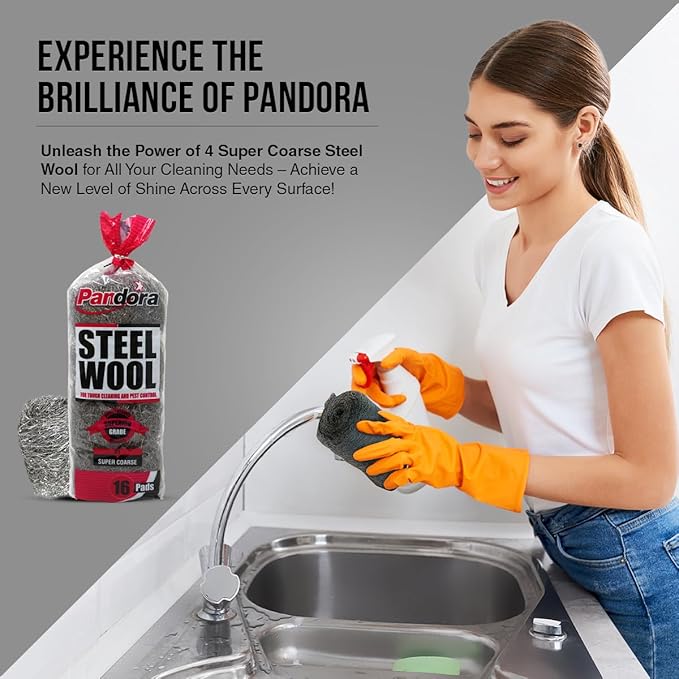 Pandora Steel Wool #4 – Extra Coarse Grade, 16 Pads for Tough Cleaning and Pest Control - Quality Metal Strands - Ideal for Removing Stubborn Paint, Rust, Dirt, and Varnish