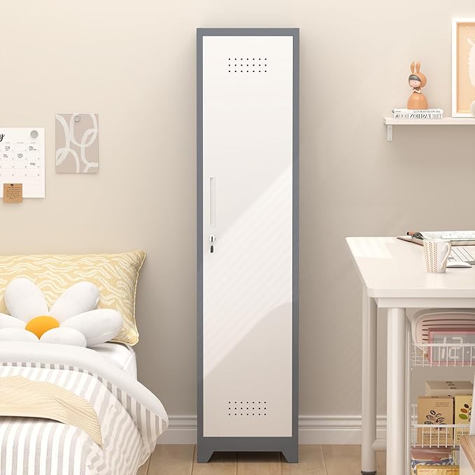 Broom Closet Utility Storage Cabinet with Locking Door and 2 Shelves, 65" H Slim Tool Cabinet for Broom and Mops (Gray,65“H-1 Door) (GrayWhite, 65" H-1Door)