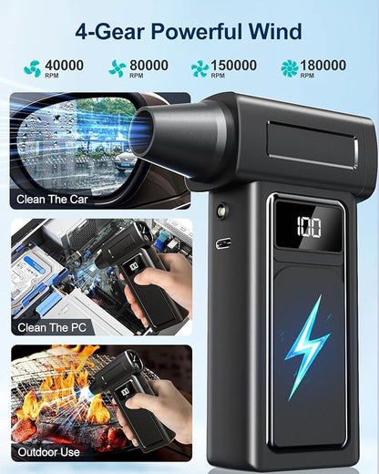 Compressed Electric Air Duster & Handheld Car Vacuum Cleaner 2-in-1-10000mAh Battery 180000RPM 4-Speed echargeable Air Blower for Car Cleaning, Home, Keyboard, PC, LED Light